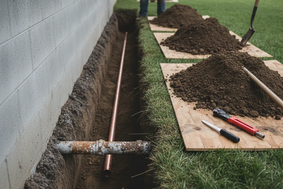 Excavated water line trench during Water Heater Repair in Bowie